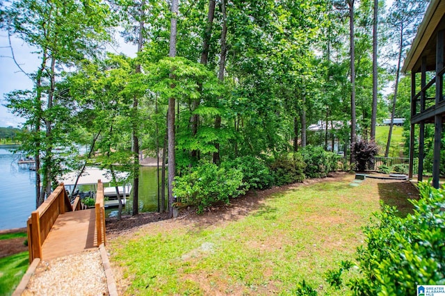 view of grassy yard featuring a water view and a boat dock