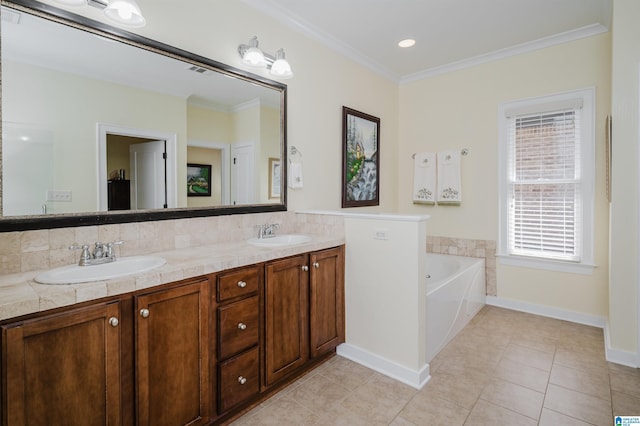 full bath featuring tile patterned floors, baseboards, crown molding, a garden tub, and double vanity