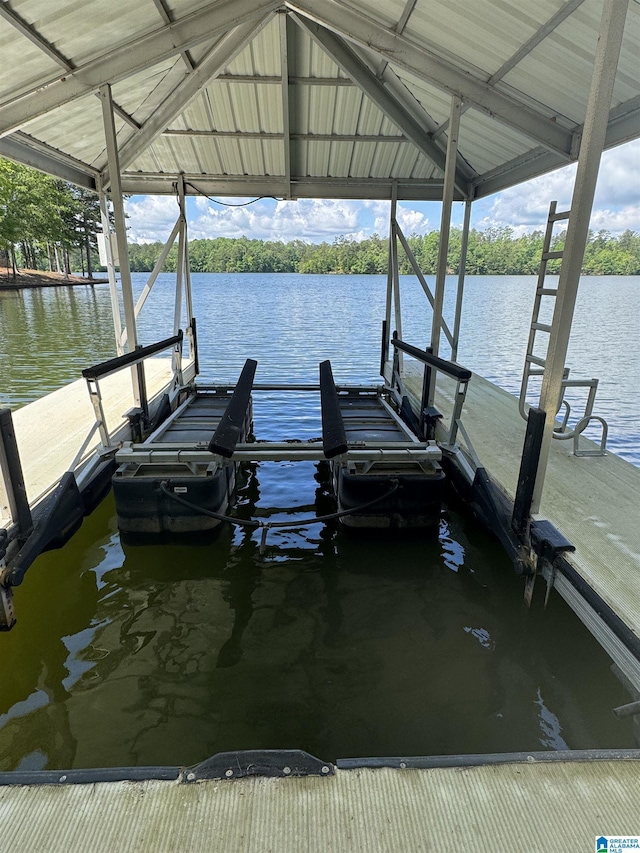dock featuring boat lift and a water view