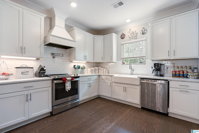 984 Knobloch Ln, Moody, AL 35004 - kitchen with appliances with stainless steel finishes, a sink, custom exhaust hood, light countertops, and dark wood-style flooring