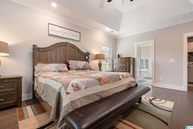 984 Knobloch Ln, Moody, AL 35004 - bedroom with dark wood finished floors, baseboards, vaulted ceiling, ensuite bathroom, and recessed lighting