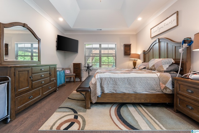984 Knobloch Ln, Moody, AL 35004 - bedroom featuring a raised ceiling, multiple windows, dark wood-style flooring, and crown molding