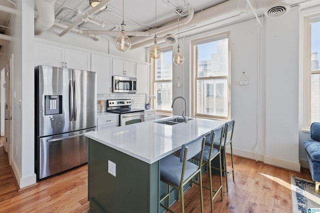 kitchen with stainless steel appliances, a sink, decorative backsplash, a breakfast bar area, and white cabinets