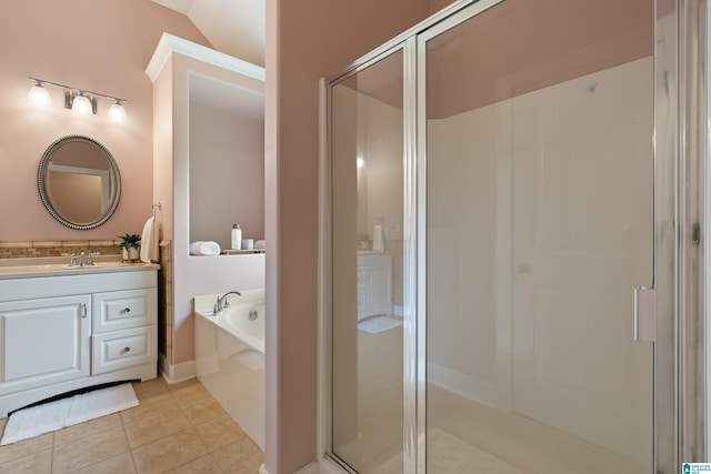 142 Falling Waters Ln, Maylene, AL 35114 - bathroom featuring a shower stall, a bath, vanity, and tile patterned flooring