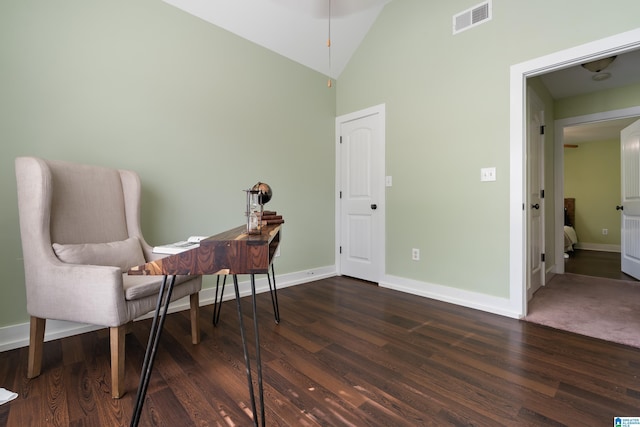 142 Falling Waters Ln, Maylene, AL 35114 - sitting room with dark wood-style floors, baseboards, an office area, high vaulted ceiling, and a ceiling fan