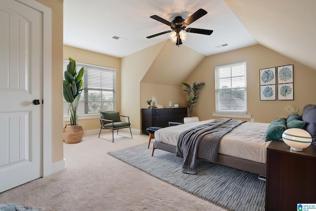 142 Falling Waters Ln, Maylene, AL 35114 - carpeted bedroom with vaulted ceiling, baseboards, and a ceiling fan