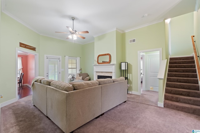 142 Falling Waters Ln, Maylene, AL 35114 - living area with carpet flooring, ornamental molding, stairs, a fireplace, and a ceiling fan