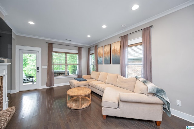 3951 Crest Lndg, Irondale, AL 35210 - living area featuring baseboards, ornamental molding, wood-type flooring, a brick fireplace, and recessed lighting