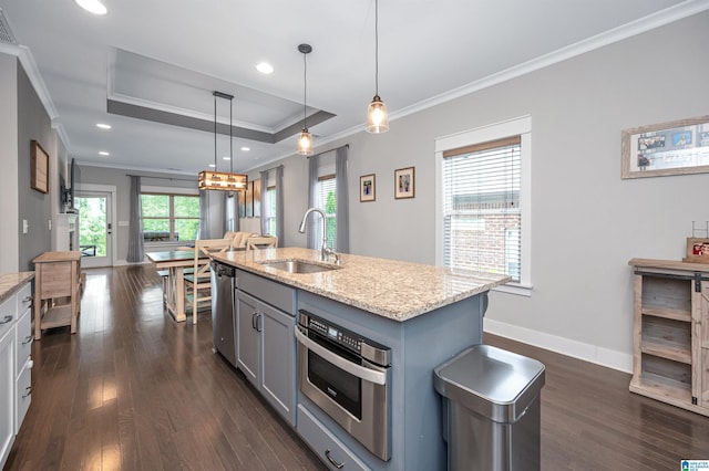 3951 Crest Lndg, Irondale, AL 35210 - kitchen featuring a sink, stainless steel appliances, ornamental molding, gray cabinetry, and dark wood-style flooring