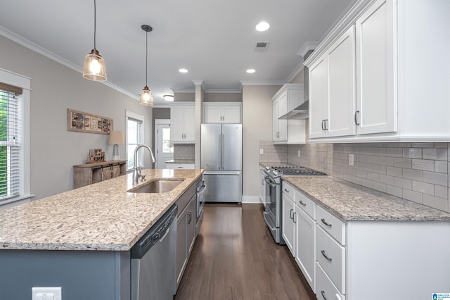 3951 Crest Lndg, Irondale, AL 35210 - kitchen with appliances with stainless steel finishes, a sink, white cabinetry, crown molding, and backsplash