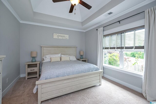 3951 Crest Lndg, Irondale, AL 35210 - carpeted bedroom with multiple windows, a tray ceiling, baseboards, and a ceiling fan