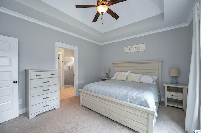 3951 Crest Lndg, Irondale, AL 35210 - bedroom featuring light carpet, a raised ceiling, ensuite bath, ceiling fan, and ornamental molding