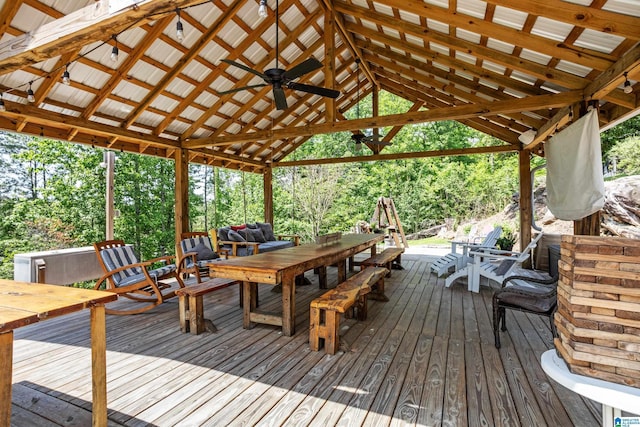 14 Shades Crest Rd, Hoover, AL 35226 - wooden terrace with a gazebo, ceiling fan, outdoor dining space, and an outdoor hangout area