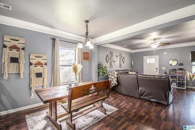 624 Enclave Ln, Calera, AL 35040 - living room featuring dark wood-style floors, baseboards, crown molding, and ceiling fan