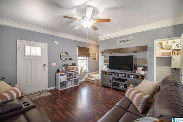 624 Enclave Ln, Calera, AL 35040 - living room with crown molding, wood finished floors, ceiling fan, baseboards, and stairway