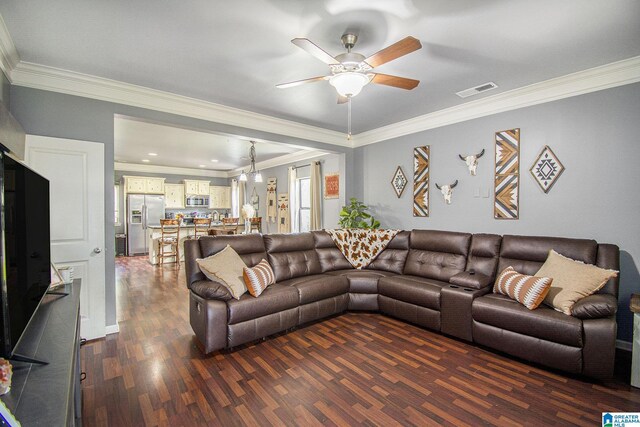 624 Enclave Ln, Calera, AL 35040 - living room with crown molding, a ceiling fan, and dark wood-type flooring