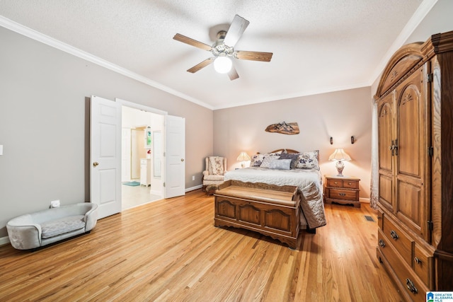 8526 Scenic Ridge Dr, Pinson, AL 35126 - bedroom featuring light wood-type flooring, crown molding, a textured ceiling, baseboards, and ceiling fan