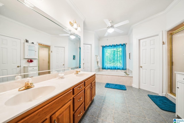 8526 Scenic Ridge Dr, Pinson, AL 35126 - full bath featuring a ceiling fan, a bath, double vanity, a shower stall, and ornamental molding