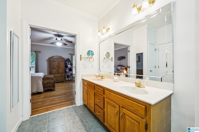 8526 Scenic Ridge Dr, Pinson, AL 35126 - full bathroom featuring connected bathroom, double vanity, ornamental molding, a ceiling fan, and tile patterned flooring