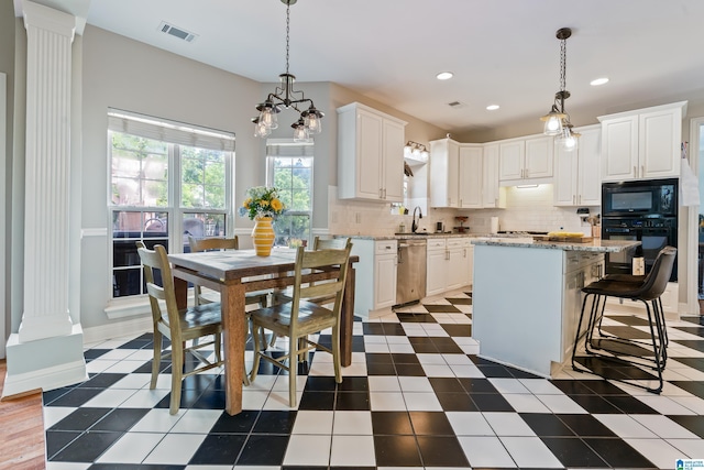 1051 Oak Meadows Rd, Birmingham, AL 35242 - kitchen with decorative columns, black appliances, a sink, decorative backsplash, and recessed lighting