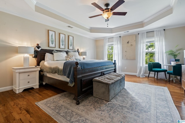 1051 Oak Meadows Rd, Birmingham, AL 35242 - bedroom featuring a raised ceiling, ornamental molding, wood finished floors, baseboards, and ceiling fan