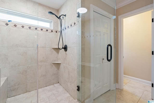 1051 Oak Meadows Rd, Birmingham, AL 35242 - bathroom featuring a stall shower, ornamental molding, and baseboards