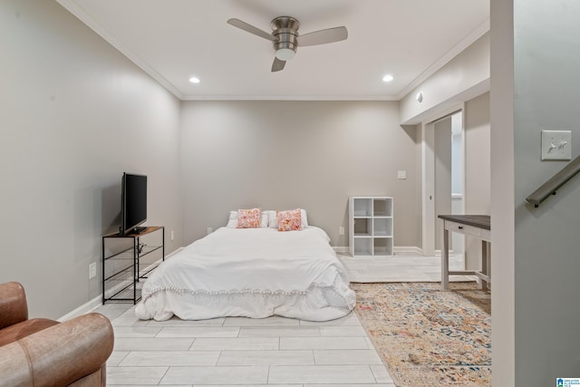 1051 Oak Meadows Rd, Birmingham, AL 35242 - bedroom featuring crown molding, recessed lighting, baseboards, a ceiling fan, and wood finished floors