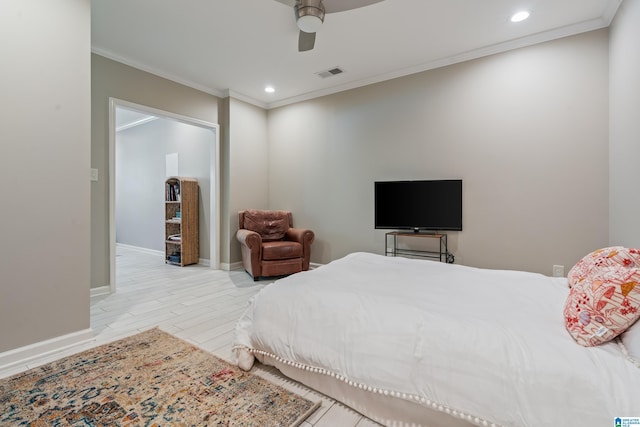 1051 Oak Meadows Rd, Birmingham, AL 35242 - bedroom with crown molding, recessed lighting, ceiling fan, baseboards, and wood finished floors