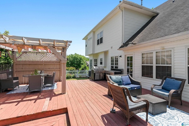 1051 Oak Meadows Rd, Birmingham, AL 35242 - wooden terrace with an outdoor hangout area, a pergola, outdoor dining area, fence, and area for grilling