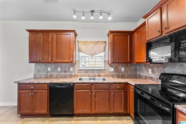 5029 Kelly Creek St, Moody, AL 35004 - kitchen with black appliances, a sink, decorative backsplash, baseboards, and light countertops
