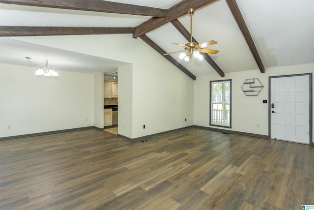 4734 Chablis Way, Birmingham, AL 35244 - unfurnished living room with a chandelier, a ceiling fan, dark wood finished floors, and baseboards