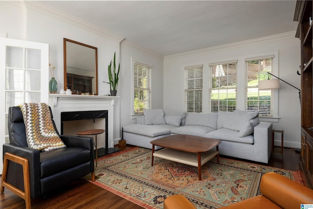 2520 Lanark Rd, Birmingham, AL 35223 - living room with wood finished floors, crown molding, a fireplace, and baseboards
