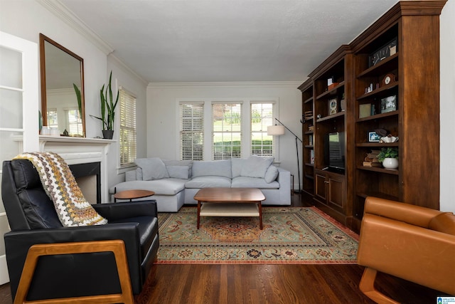 2520 Lanark Rd, Birmingham, AL 35223 - living area with dark wood finished floors, ornamental molding, and a fireplace