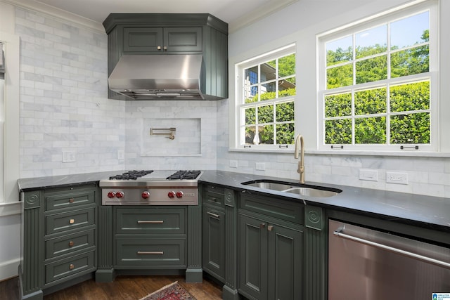 2520 Lanark Rd, Birmingham, AL 35223 - kitchen with a sink, stainless steel appliances, ornamental molding, range hood, and dark wood finished floors