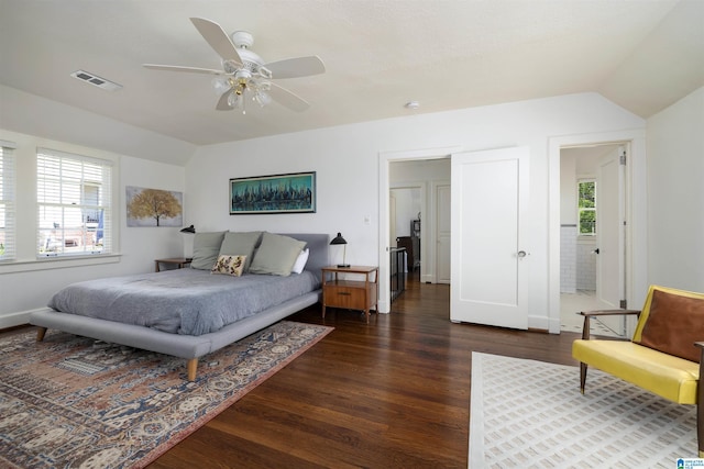 2520 Lanark Rd, Birmingham, AL 35223 - bedroom featuring dark wood-style floors, vaulted ceiling, ceiling fan, and baseboards