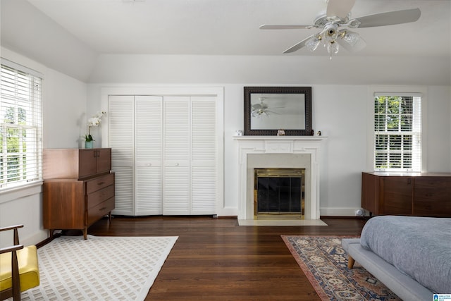 2520 Lanark Rd, Birmingham, AL 35223 - bedroom featuring dark wood-type flooring, a high end fireplace, a closet, vaulted ceiling, and ceiling fan