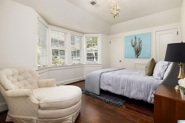 2520 Lanark Rd, Birmingham, AL 35223 - bedroom featuring wood finished floors, baseboards, a chandelier, and lofted ceiling