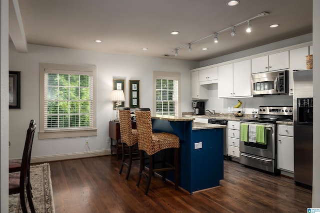 2704 Highland Ave S Unit 202, Birmingham, AL 35205 - kitchen featuring stainless steel appliances, a breakfast bar, plenty of natural light, white cabinetry, and recessed lighting