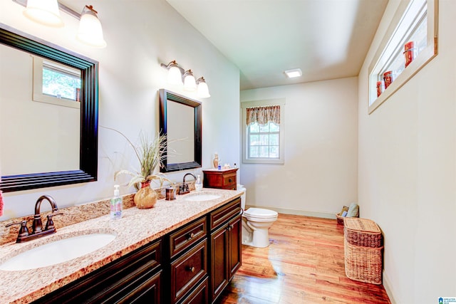 bathroom with plenty of natural light, wood finished floors, toilet, and double vanity