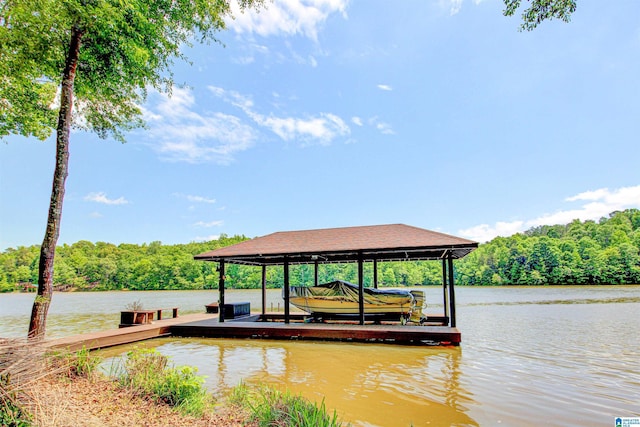 dock with boat lift, a forest view, and a water view