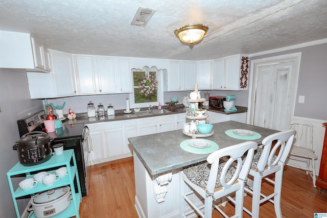1619 Websters Chapel Rd, Wellington, AL 36279 - kitchen with stainless steel range with electric stovetop, a sink, white cabinetry, light wood finished floors, and a textured ceiling
