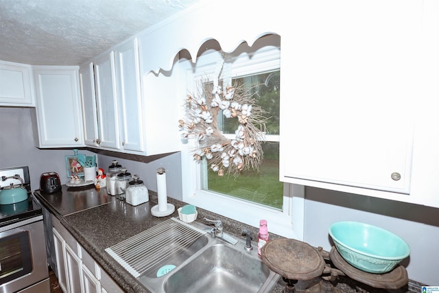 1619 Websters Chapel Rd, Wellington, AL 36279 - kitchen with a sink, a textured ceiling, white cabinetry, stainless steel electric range oven, and dark countertops