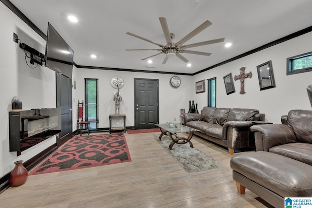 4150 County Highway 13, Locust Fork, AL 35097 - living room with crown molding, a ceiling fan, light wood-type flooring, and recessed lighting