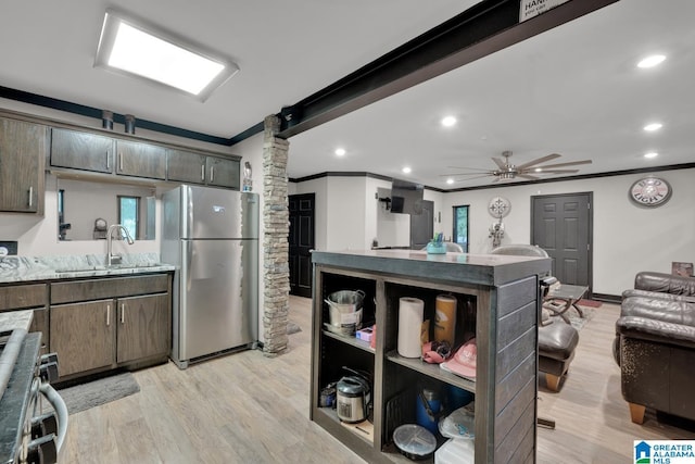 4150 County Highway 13, Locust Fork, AL 35097 - kitchen featuring stainless steel appliances, a sink, ceiling fan, light wood-style floors, and ornamental molding