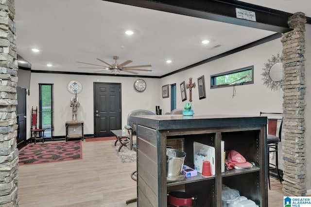 4150 County Highway 13, Locust Fork, AL 35097 - interior space featuring a ceiling fan, light wood-style floors, crown molding, decorative columns, and recessed lighting