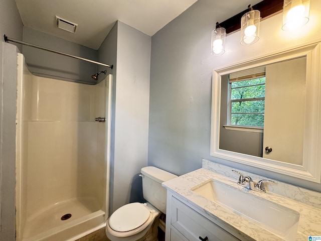 bathroom with a shower, toilet, and vanity