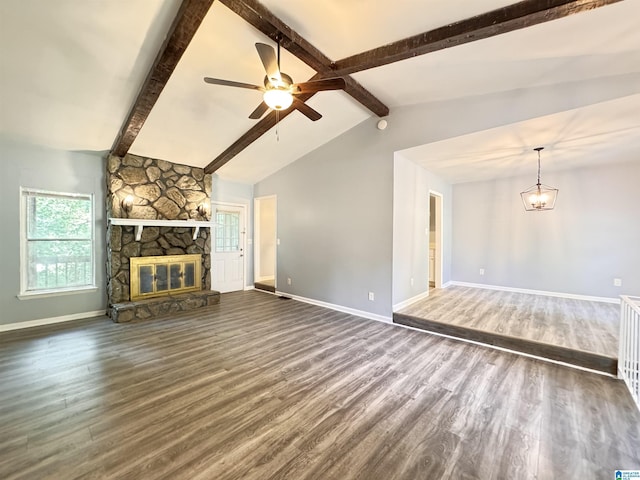 unfurnished living room featuring dark wood finished floors, a fireplace, a ceiling fan, and baseboards
