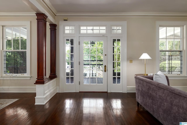 1479 Milner Cres S, Birmingham, AL 35205 - doorway to outside featuring decorative columns, ornamental molding, dark wood-type flooring, and baseboards