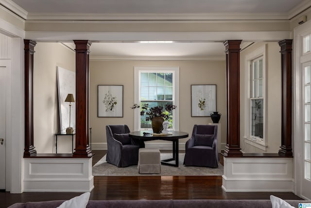 1479 Milner Cres S, Birmingham, AL 35205 - dining area with decorative columns, wood finished floors, crown molding, and baseboards