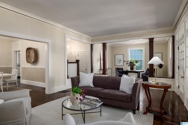 1479 Milner Cres S, Birmingham, AL 35205 - living room with ornate columns, dark wood-style floors, ornamental molding, and baseboards